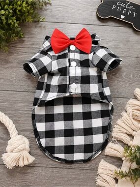 Dog Boutique Buffalo Plaid Shirt with Red Bow Tie Classic Dog Dress Shirt | NEW
